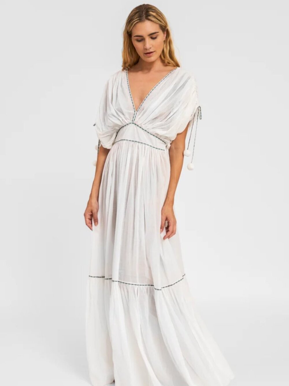 PITUSA 100% Cotton Clara Pom-Pom Maxi Dress Ivory/Cream (Standard/Tall)